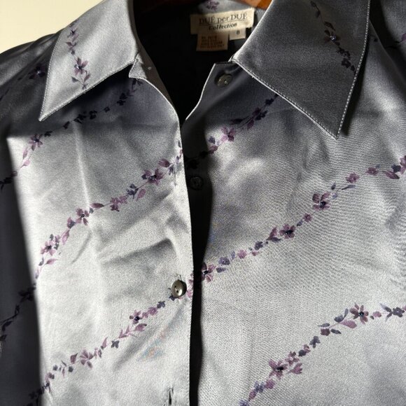 Due per Due Collection Vintage 100% Silk Blouse Size 8 Blue Gray with Purple - Picture 4 of 9